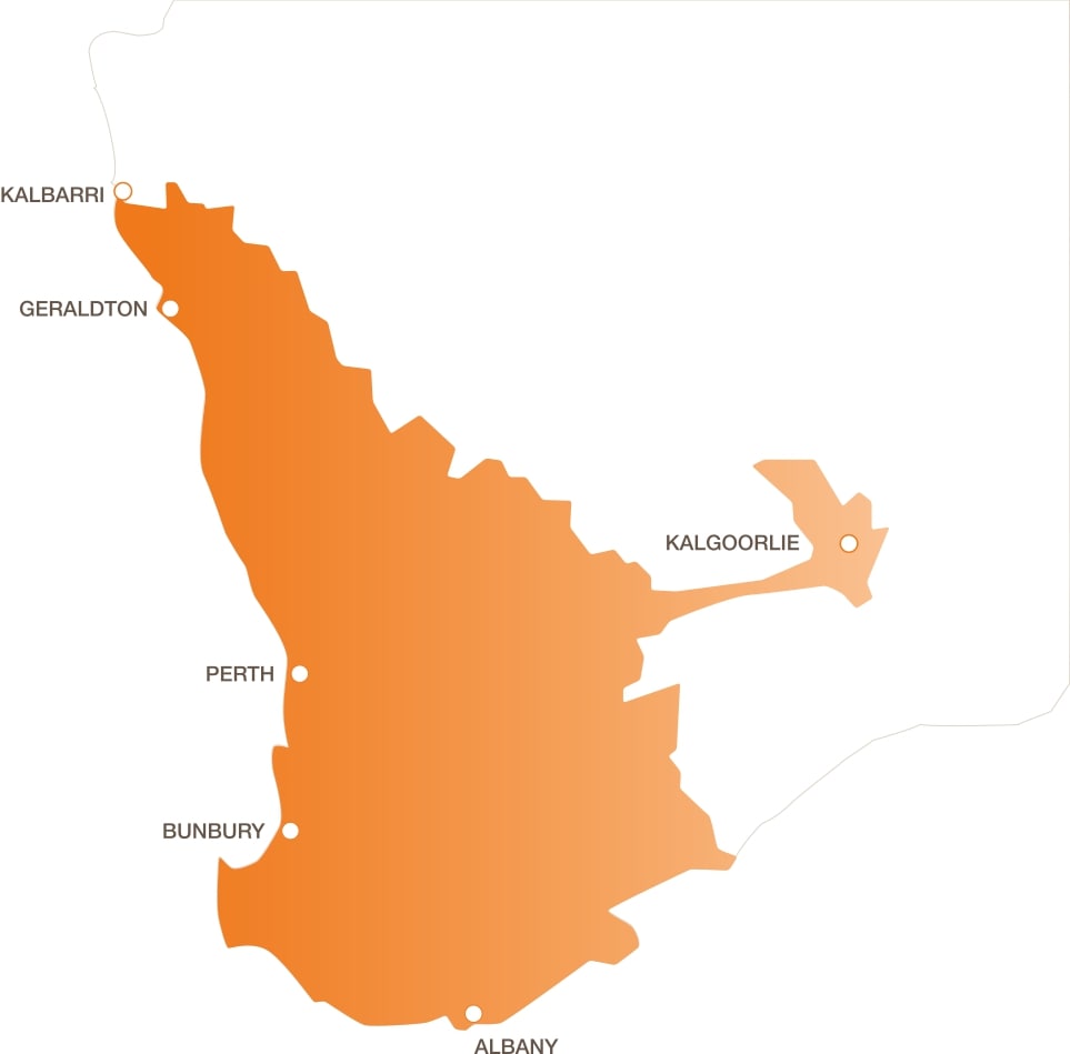 Illustrative map of the Western Power network extending from Kalbarri in the north, Kalgoorlie in the east and Albany in the south.